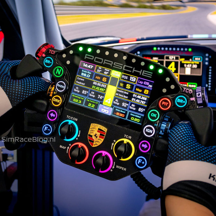 GRID Porsche 911 RSR steering wheel illuminated in an installed sim racing cockpit