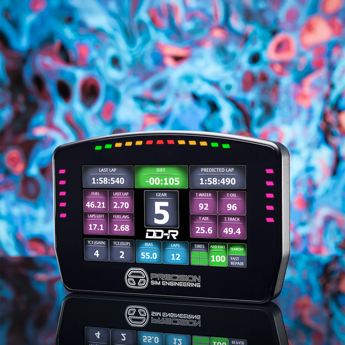 Precision Sim Engineering DD-R display angled view with illuminated RGB LEDs