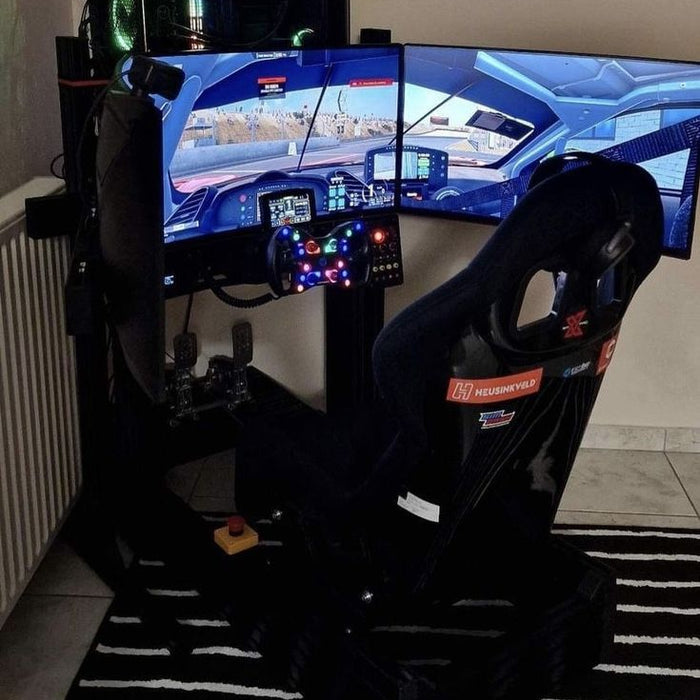 Real SimXPro triple-monitor racing cockpit with installed freestanding screen support