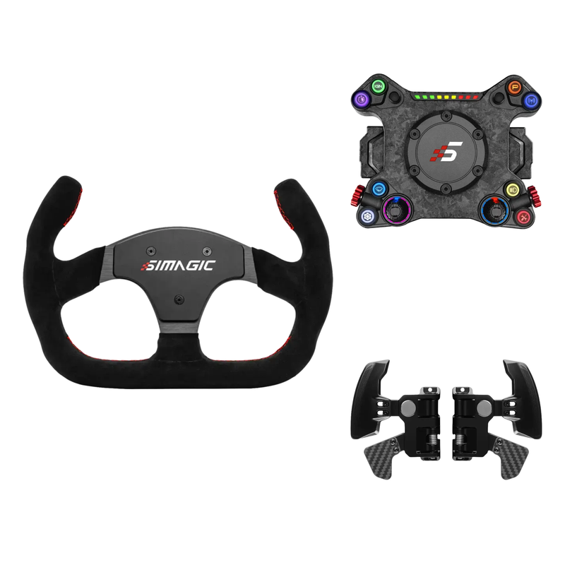 Simagic NEO X HUB bundle with P-325CA wheel rim and S410 dual-clutch paddle shifter module