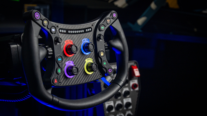 Sim-Lab GTSL Pro steering wheel mounted in a sim racing cockpit