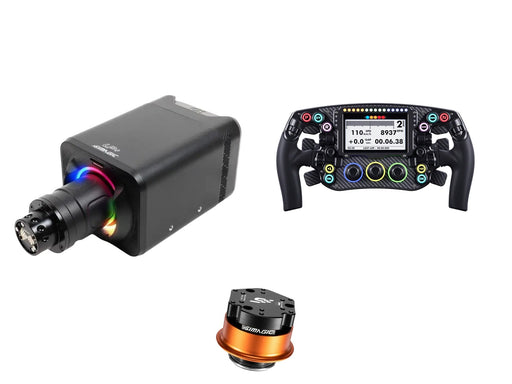 Simagic Alpha EVO Sport 9 Nm + LEOXZ Steering Wheel + QR-A Bundle — front view steering wheel, wheelbase and QR-A