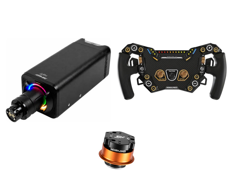 Simagic Alpha EVO Ultra 28 Nm + SOELPEC Steering Wheel + QR-A Bundle — SOELPEC Spectra LT – Formula-Style RGB Sim Racing Wheel — COPPER