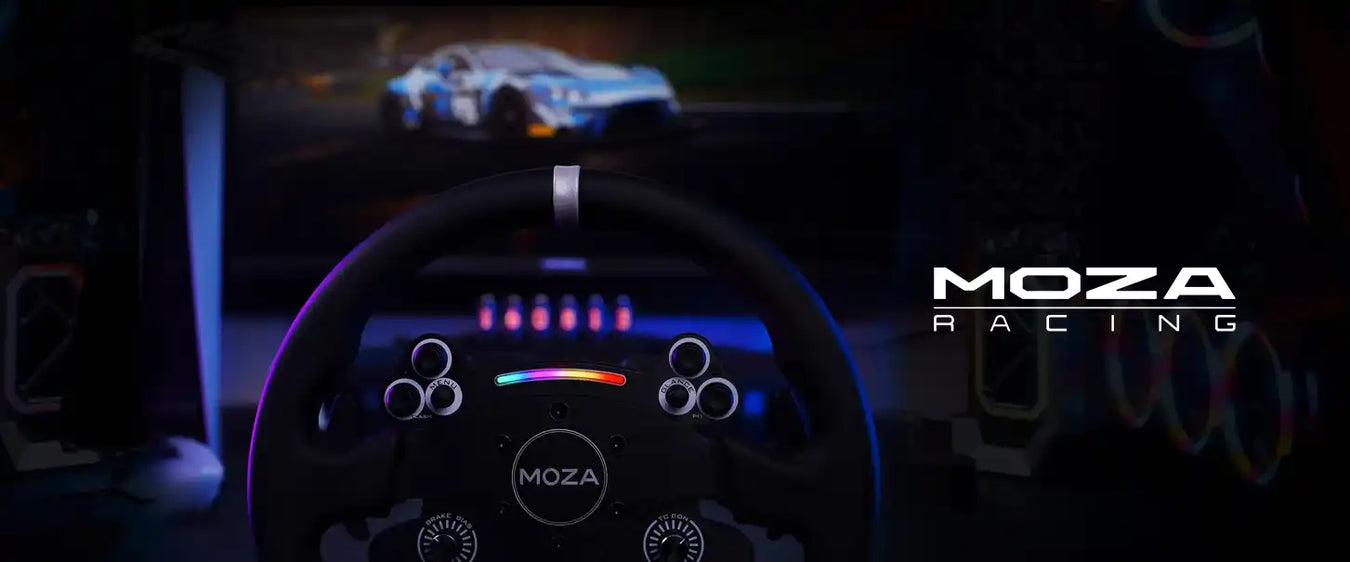 A racing simulator steering wheel with illuminated controls.