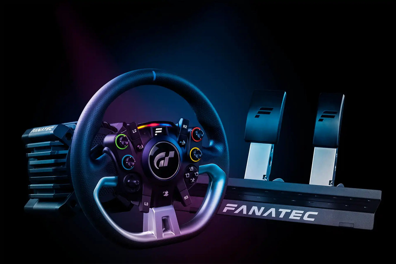 A gaming steering wheel with pedals, featuring vibrant button accents.